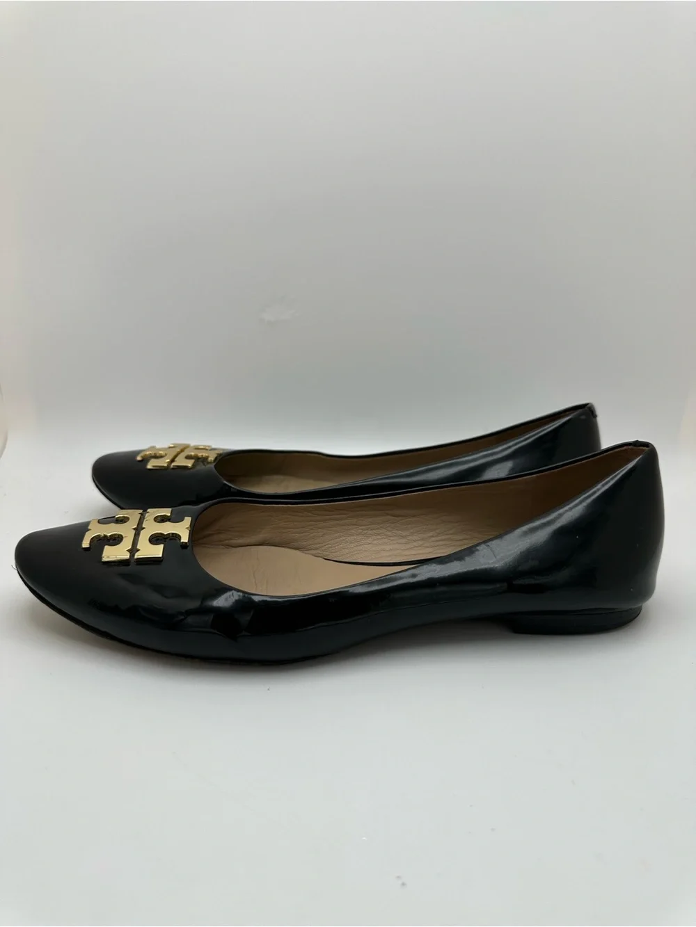 Tory Burch Black Patent Leather Logo Flats with Gold Emblem